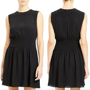 Theory Black 100% Silk Crew-Neck Sleeveless Shirred A-Line Mini Shift Dress Sz 2